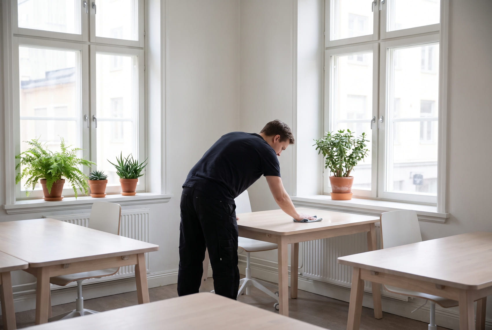 Ljust kontor som städas
